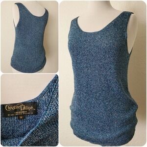Vintage 90s Blue Crochet Knit‎ Tank Christine Phillipe Sleeveless Shimmer Top M